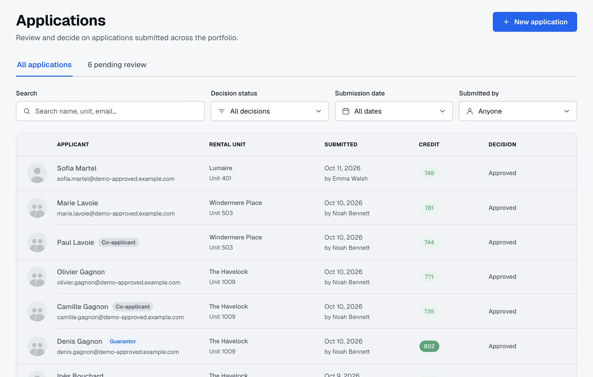 Vault's Applications page: applicants, rental unit, submission date, credit score and decision
