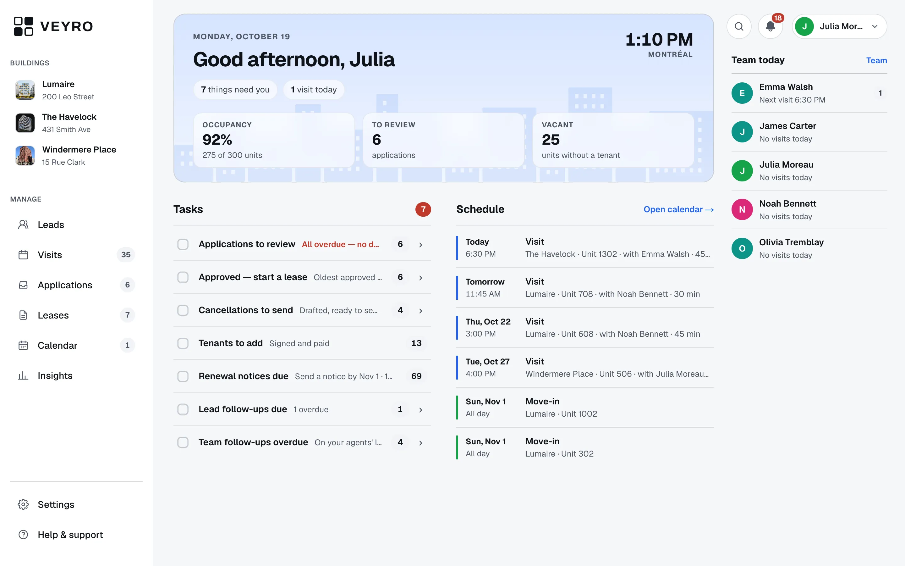 Vault's Home page: occupancy, applications to review and vacant units on top, then Tasks, Schedule and Team today